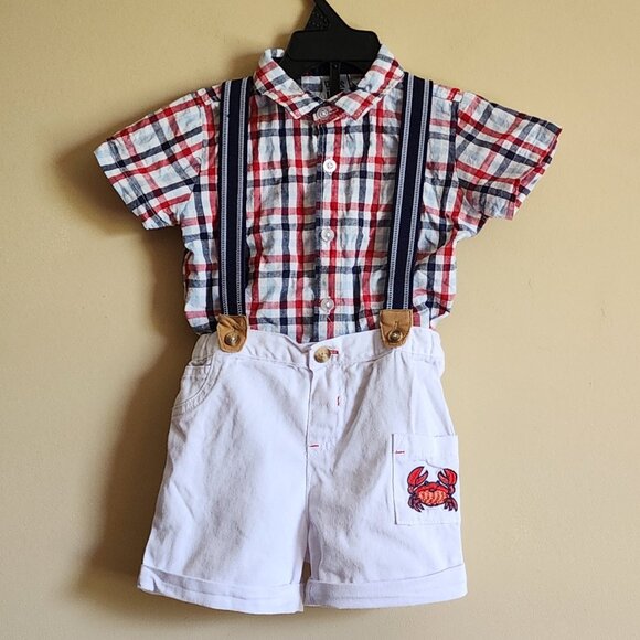 Little Lad /Boy's Suspender White Shorts Pocket With Crab 🦀Plaid Shirt Size 24M - Picture 2 of 6